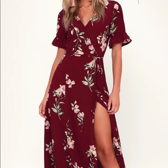 Lulus Burgundy Floral Print Wrap Maxi 